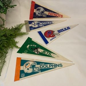 Set of 5 Vintage NFL Bills, Dolphins, Jets, Colts and Patriots mini pennants
